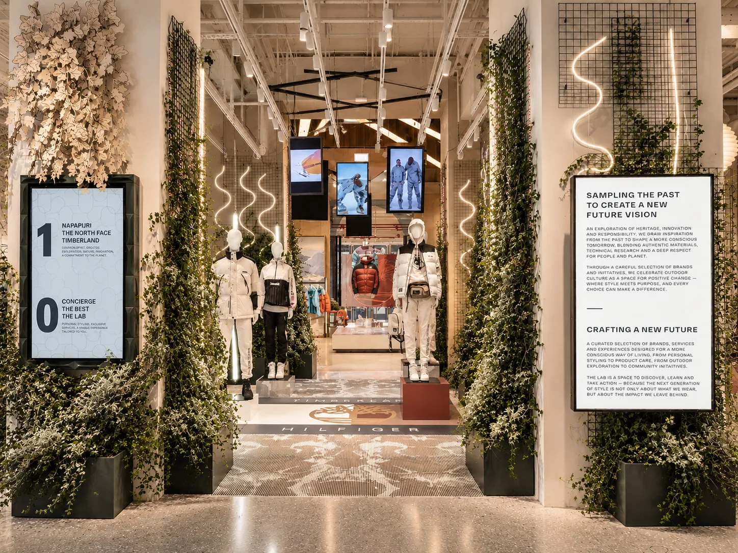 Allestimento retail con manichini, pannelli grafici e piante