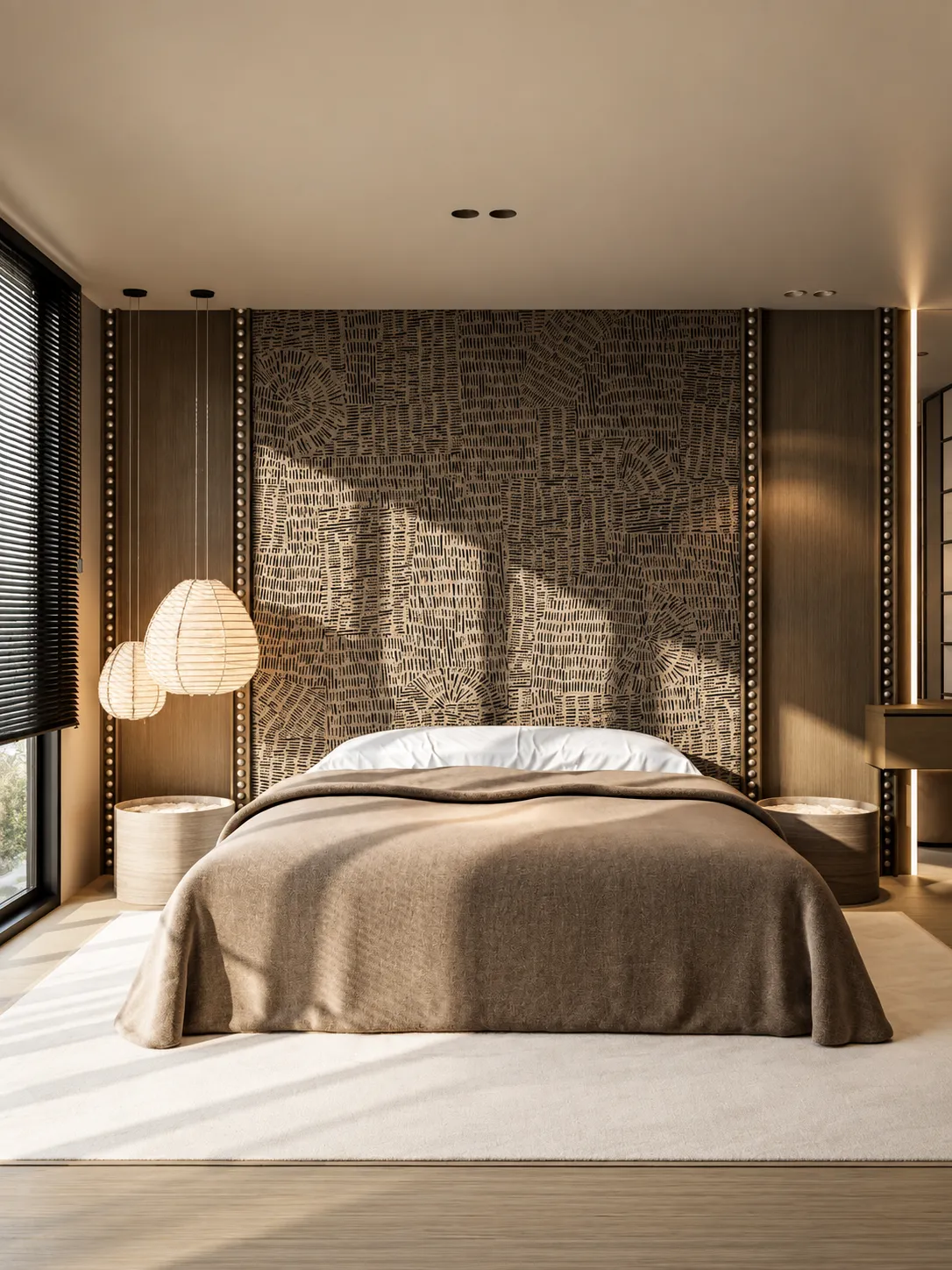 Camera da letto con parete decorativa traforata e luce calda