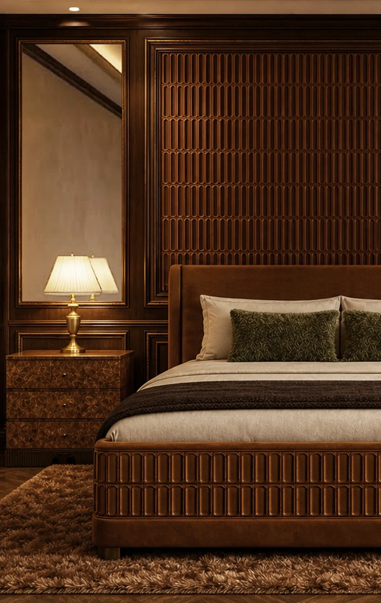 Camera da letto con boiserie in legno scuro e lampade da comodino