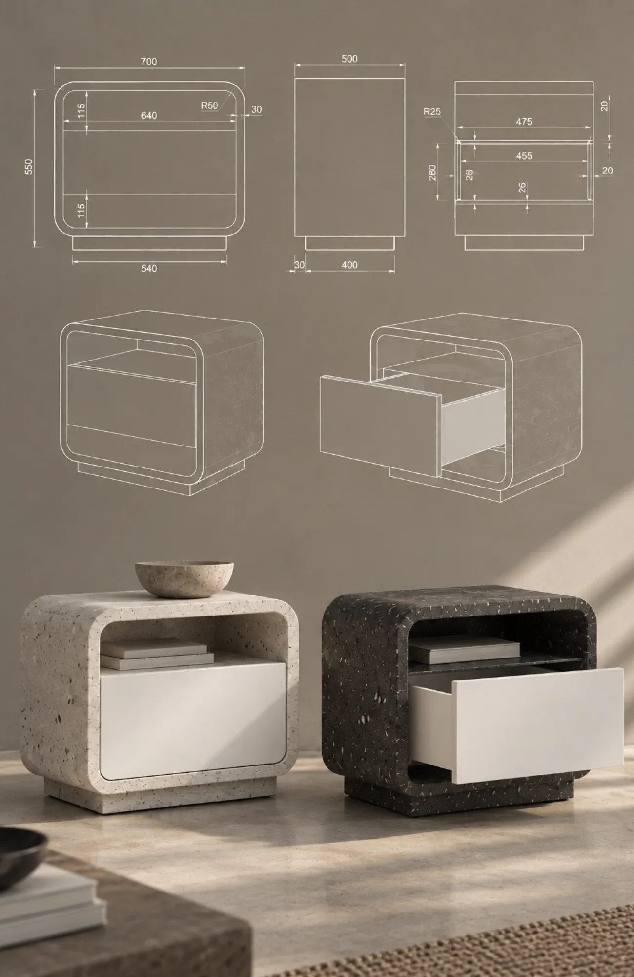 Comodino su misura: disegni tecnici quotati e due versioni realizzate, chiara e scura, con cassetto