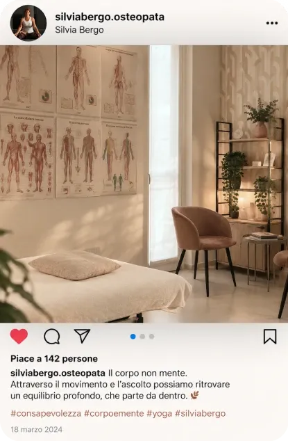 Silvia Bergo: post Instagram con lo studio di osteopatia