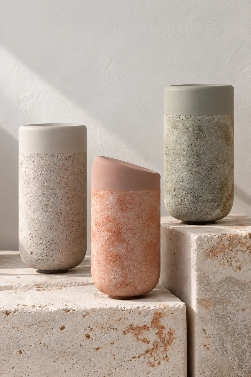 Murble Dust: tre vasi in materiale materico con bordo colorato, su blocchi di pietra