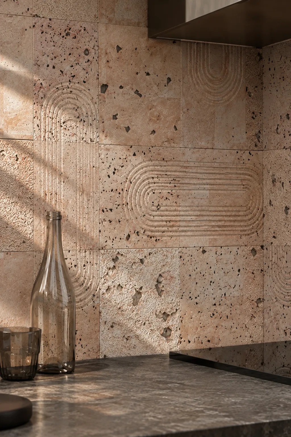 Marea Tiles: rivestimento di una cucina con piastrelle in rilievo a motivo di archi